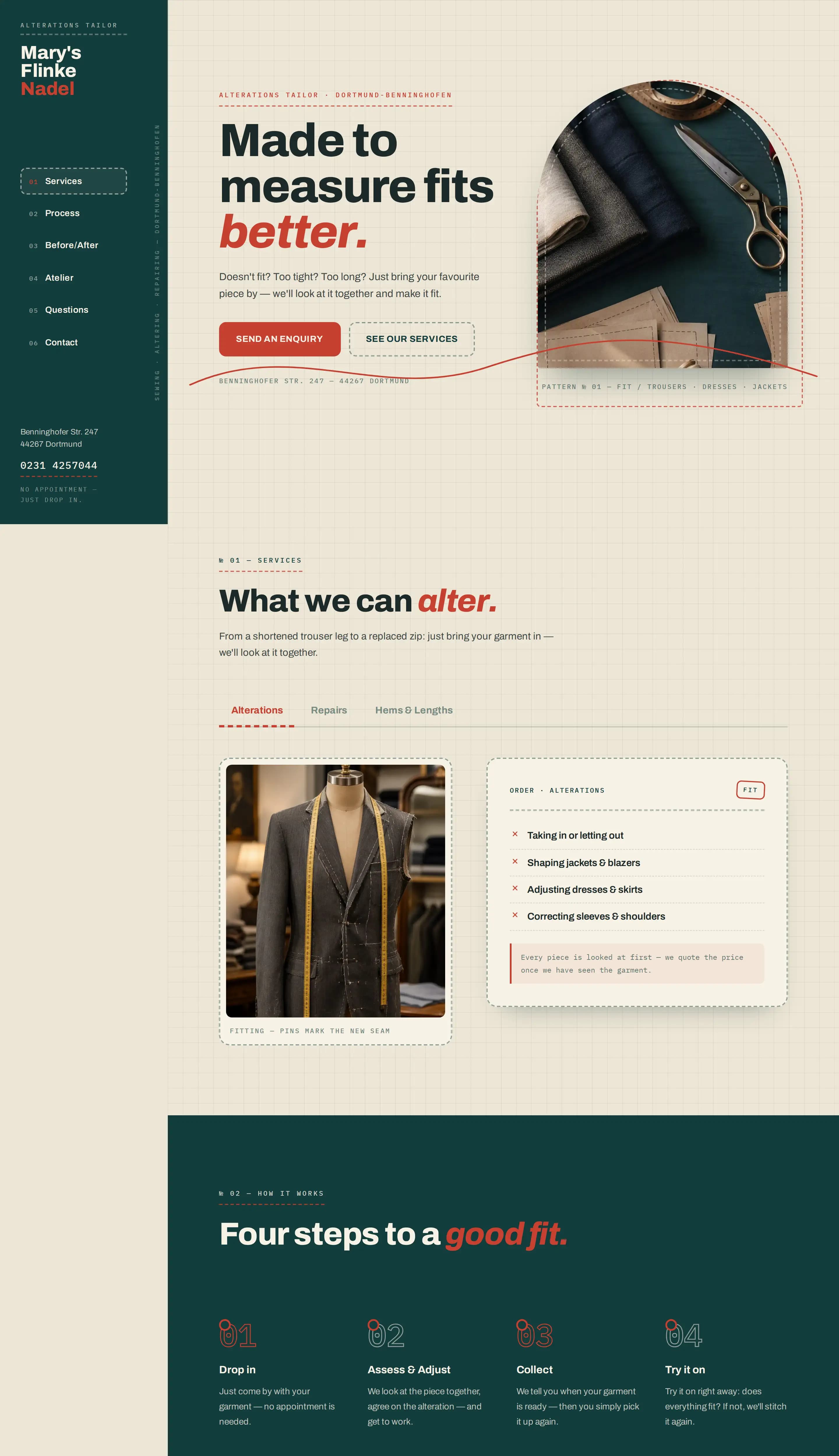 Mary's Flinke Nadel Änderungsschneiderei template — clothing alterations and tailoring website design