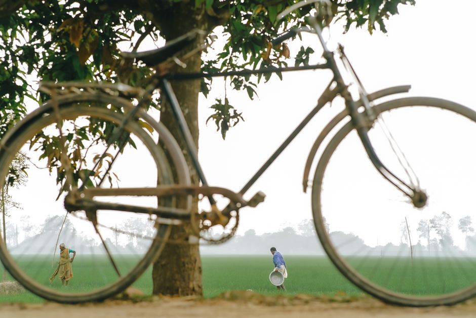 An old bicycle leaning against a tree, with two people crossing a green field behind it in morning haze.