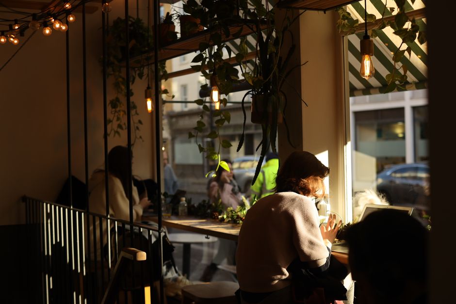 A café interior at dusk: hanging plants, filament bulbs, and a person seated at a window counter in low golden light.