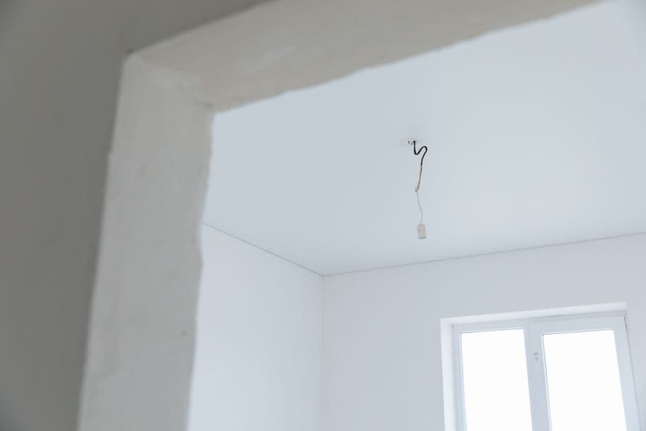 A brown damp stain spreading across a ceiling corner, the plaster discoloured and lifting at the join.