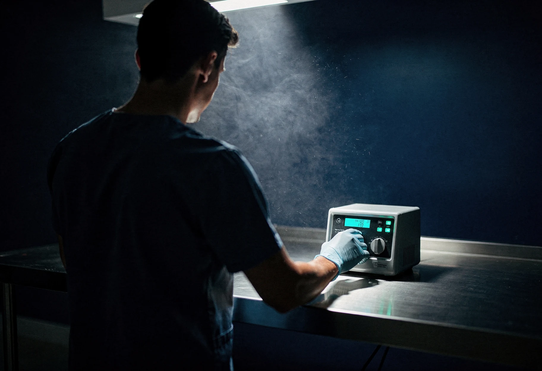 A practitioner in dark clinical dress, seen from behind, adjusting a dial on an unbranded device.