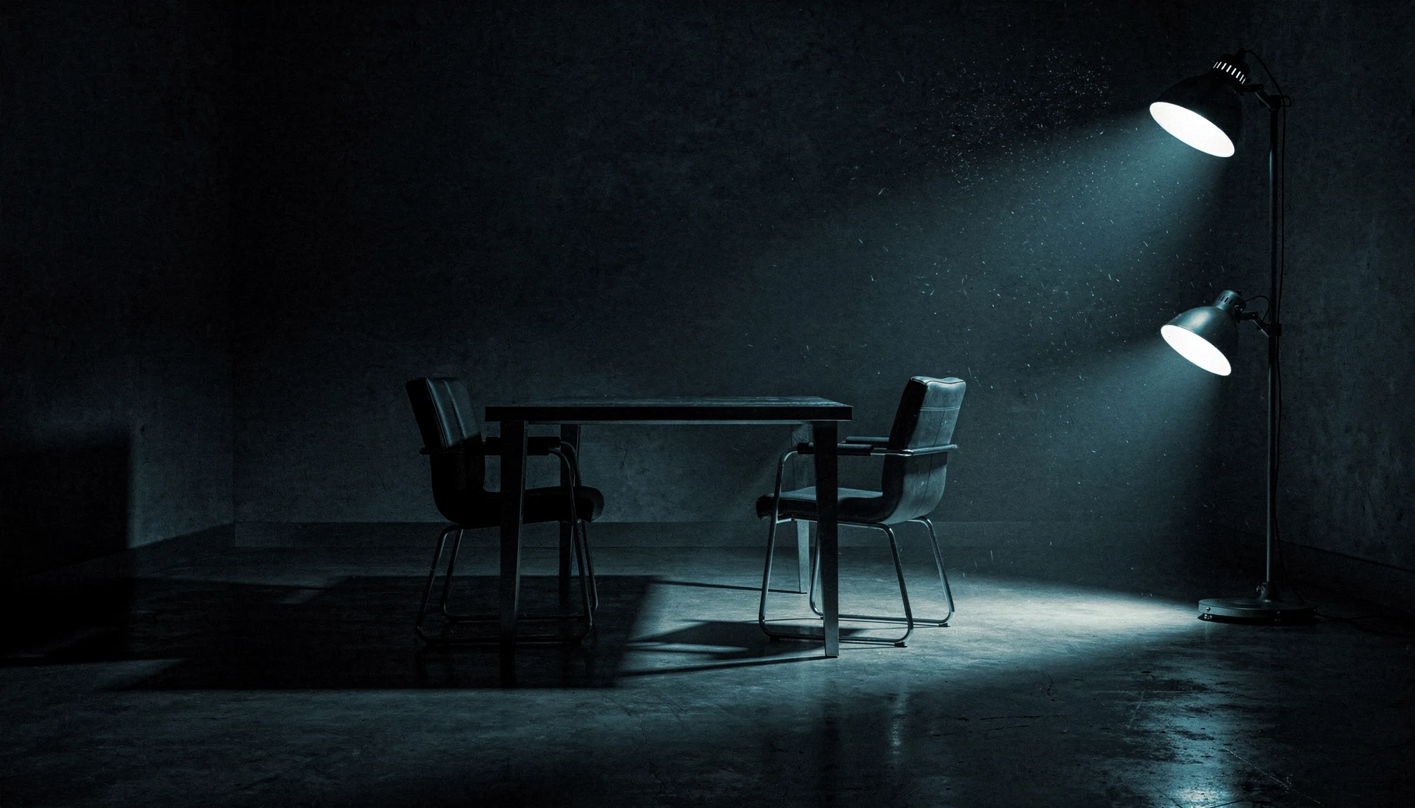 An empty consultation room at night: two low chairs and a steel table in silhouette under one cold lamp.