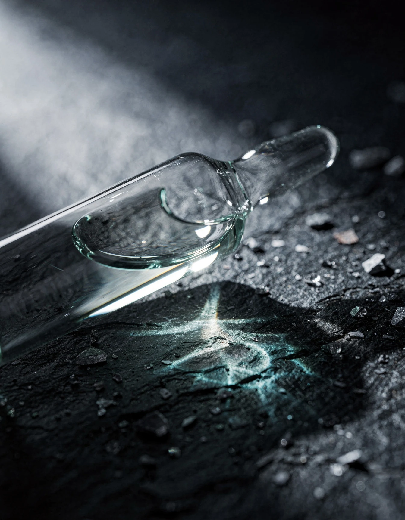 A glass ampoule on dark slate, throwing a sharp teal caustic.